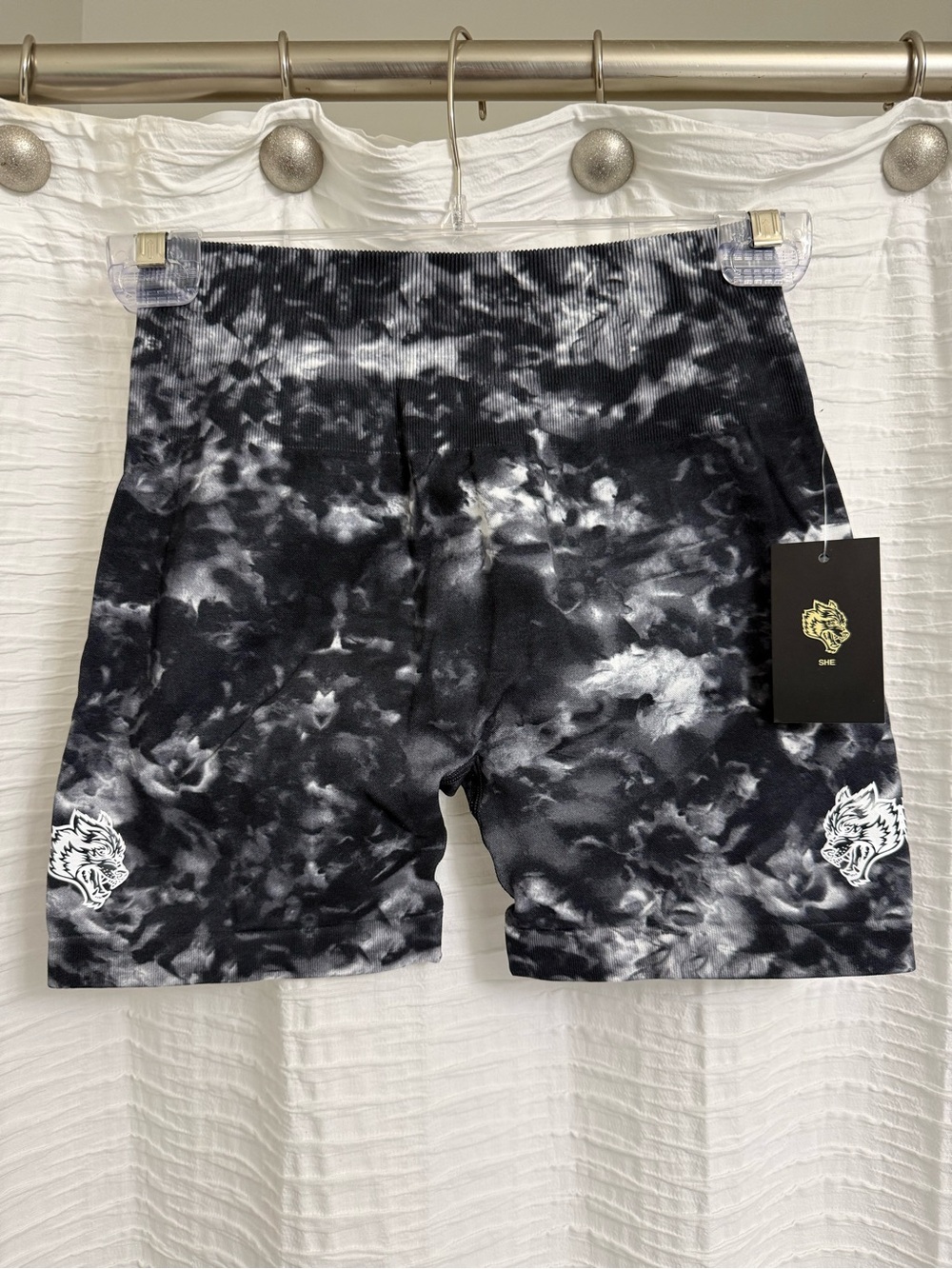 NWT DarcSport She Black & White Tie-Dye Athletic Shorts with Wolf Logos